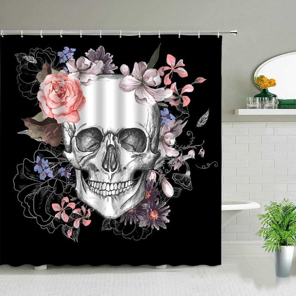 

Занавески для душа с принтом черепа и ужасов на Хэллоуин, занавески для ванной комнаты на день мертвецов, задний фон с розовыми цветами, настенный декоративный экран для дома