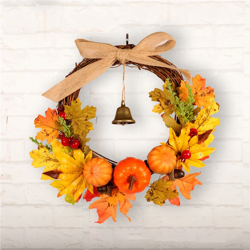 

Welcome Wreath Decor Door Hanging Garland Ornament Simulation Leaf Pumpkin Berry Maple Leaf Bell Artificial Plant Party Decor