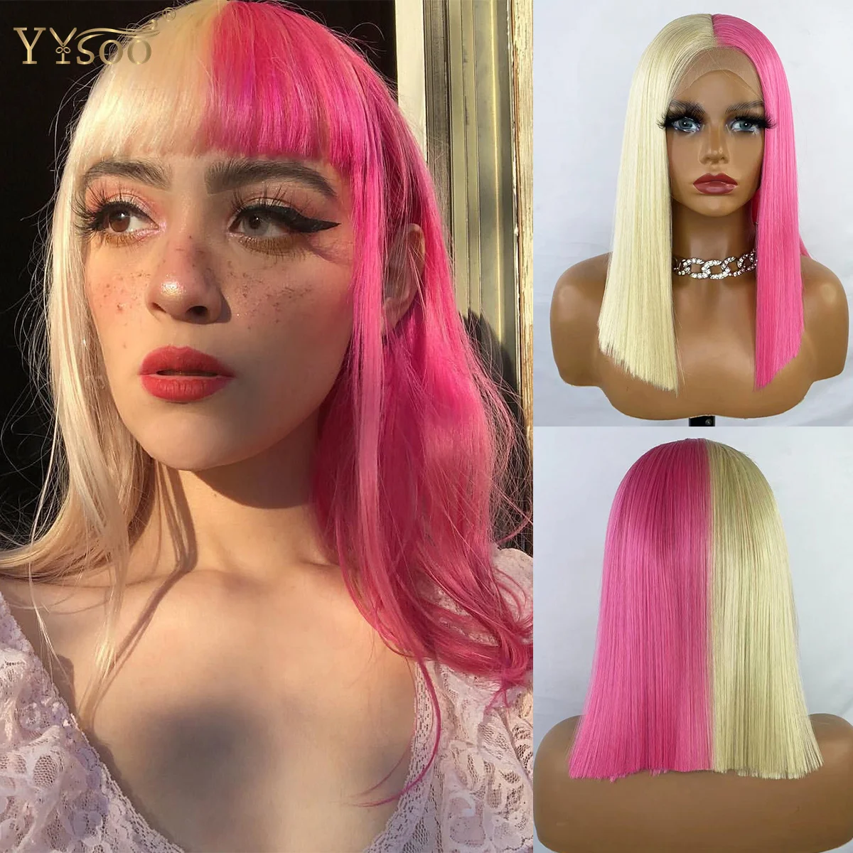 YYsoo13x4 Short Bob Cut Silky Straight Futura Synthetic Lace Front Wigs Half Pink/ Half 613 Color Glueless Half Hand Tied Wig