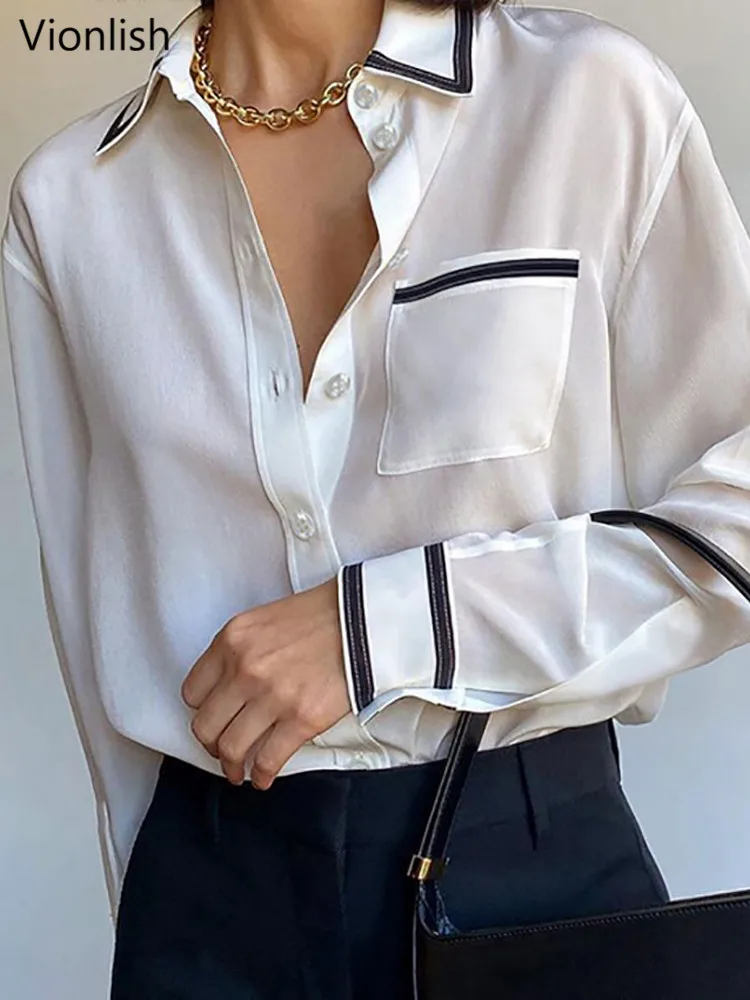 

Vionlish Stylish Ladies Patchwork Lapel Women Chiffon Shirts Long Sleeve Single-breasted Loose Pocket Female Blouses Tops 2022