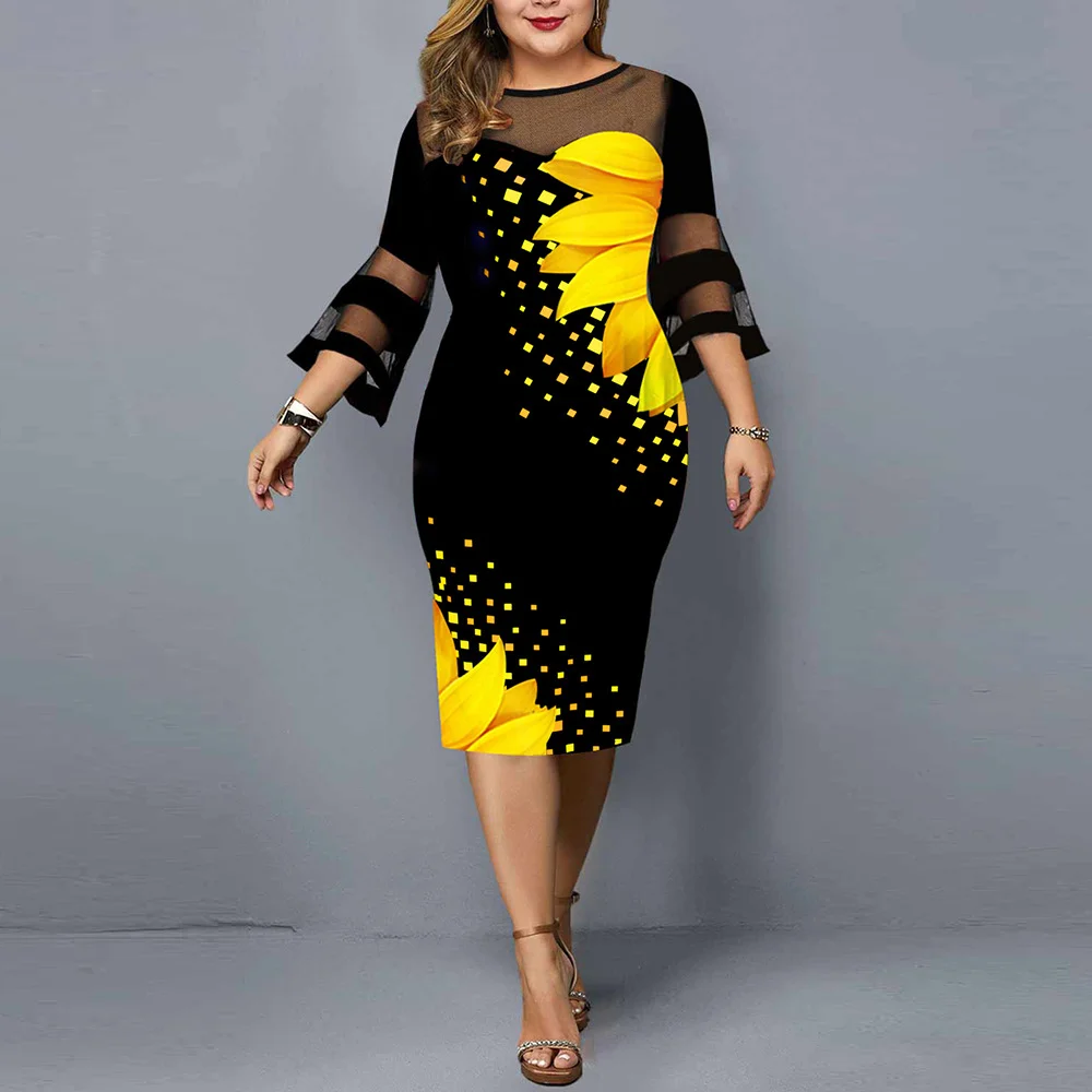 Plus Size Women Clothing Autumn Fashion Digital Printing Gauze Stitching Round Neck Ladies Dress 2022 L-5XL Oversized