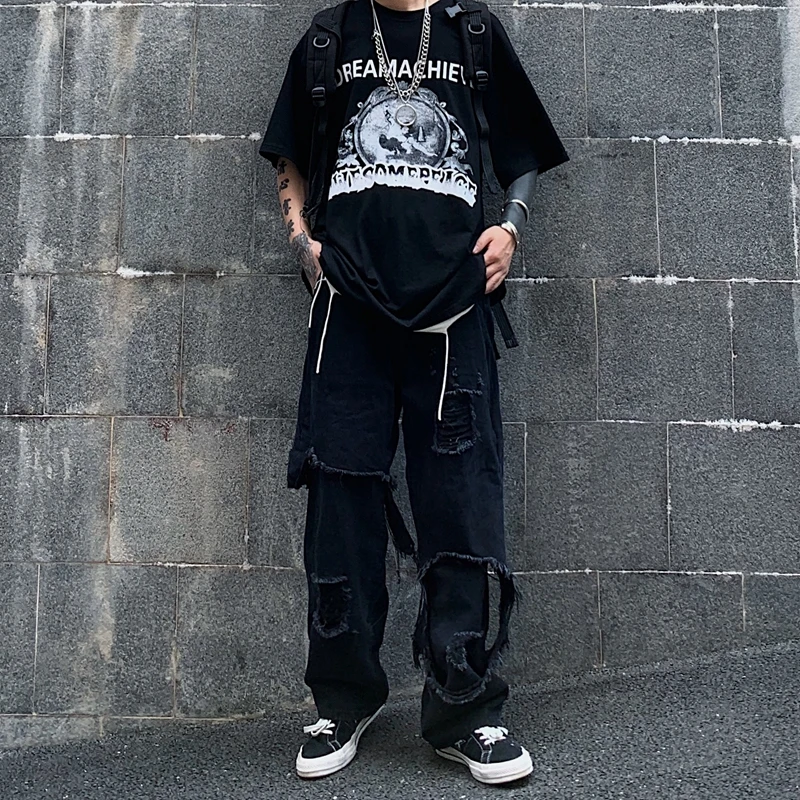 Irregular Ripped Hole Denim Pant Woman Man Straight Techwear Black Baggy Patchwork Jeans Punk Kpop Harajuku Streetwear Hip Hop