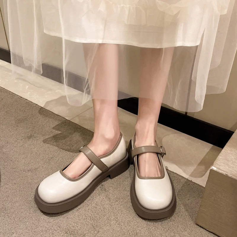 

Thick Sole Retro Mary Jane Shoes 2022 Summer One-word Buckle Shallow Mouth Women's Thick Heel Colorblock Sandals