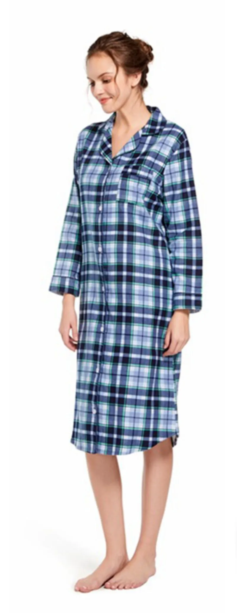 Autumn Women's Check Nightwear Length To The Shank Polyester Comfortable Slim Fitting Turn-Down Collar Leisure Wear
