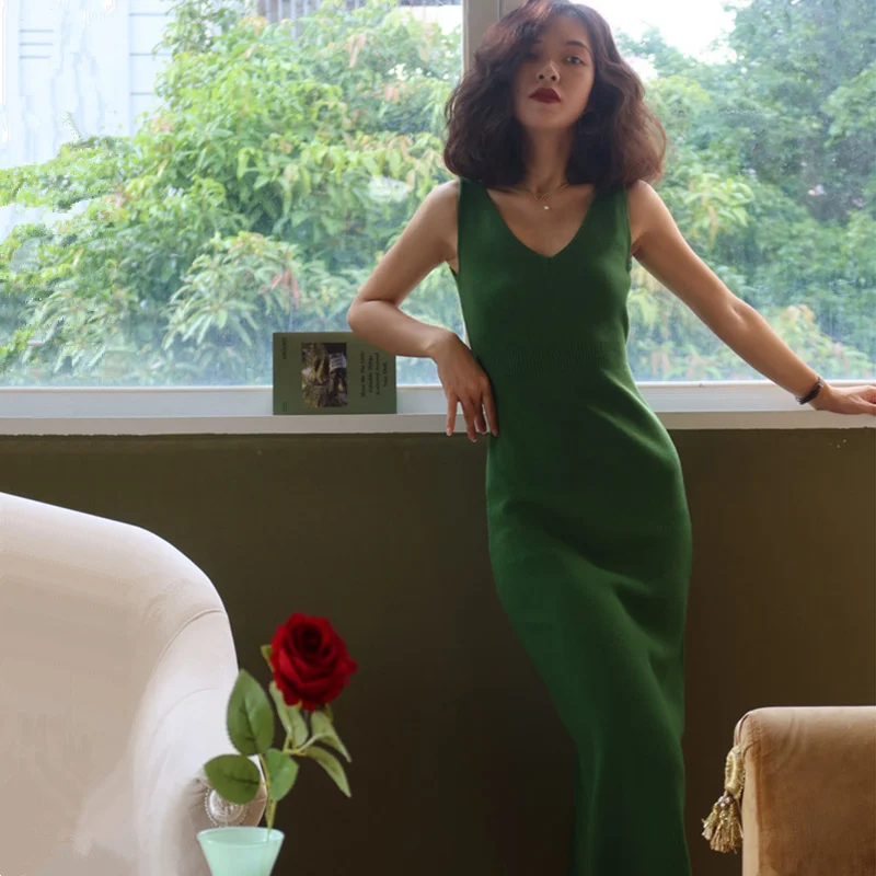 

Sexy Strap Knit Dress 2023 Summer Women Tank Elatic Waist Bodycon Sundress Female Beach Split Backless Mid-Calf Robe Dress P687
