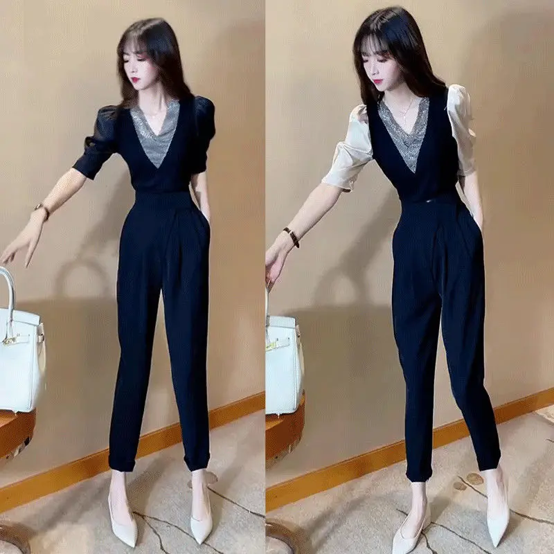 

Women 2022 Summer New Two-piece Sets Female V-neck Short Sleeve T-shirt + High Waist Loose Straight Pants Ladies Suits L40