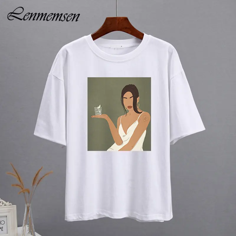 

Lenmemsen Trendy Loose T Shirts Women Summer Soft Cotton Short Sleeve Basic Tees Female Oversized Chic Aesthete Character Tops