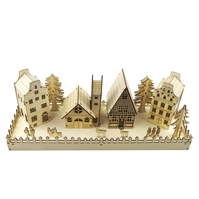 

Рождественская деревянная деревенская сцена, светодиодная фотография, Рождественская елка, олень, самодельный пустой орнамент, праздничны...