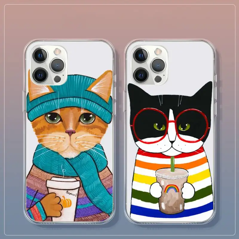 

Cute Latte Acrylic Coffee Milk Drink Bottle Cat Phone Case for iphone 6 7 8 Plus X XS XR MAX 11 Pro 12 MiNi Transparent Cover