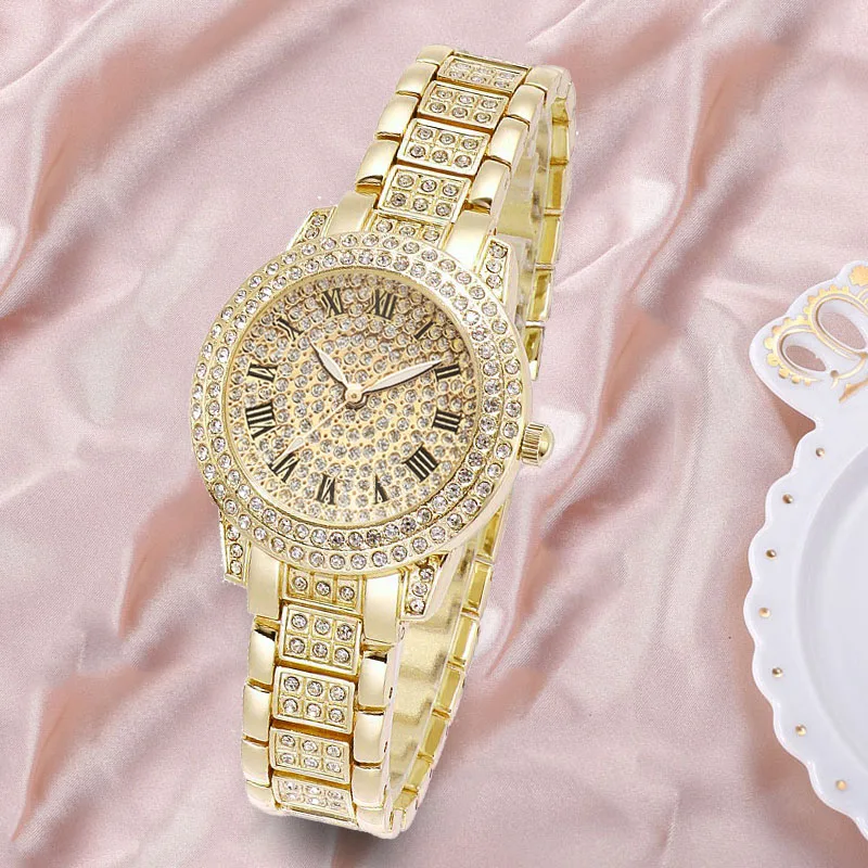 2pcs Luxury Women Diamond Watches Hip Hop Bracelet Ladies Quartz Watch Rose Gold Womens Wristwatch Shiny Crystal Reloj Mujer images - 6