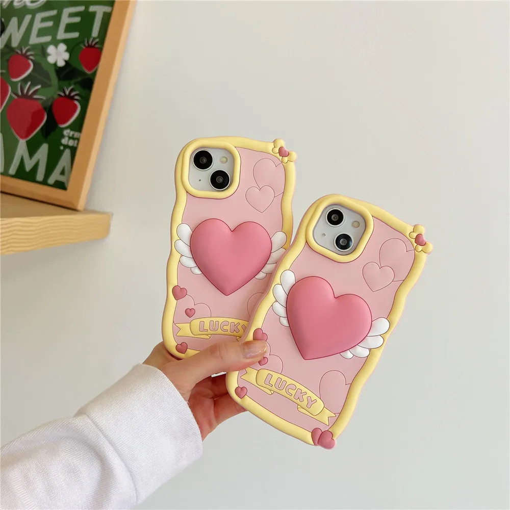 

3D Cute Pink Love Hearts Wing Wave Bracelet Phone Case For iPhone 11 12 12Pro Max For iPhone 13 14 14Pro Max Soft Silicone Cover