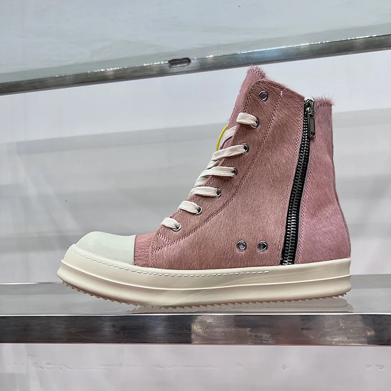 Dekherw High Top Shoes Women Leather Pink Horse Fur Ro Owen 2023 New Thick Sole Increased Street Casual Sneakers Ankle Boots Men