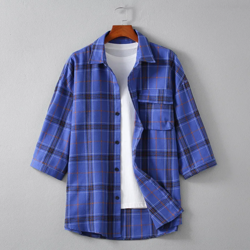 

Camisa Masculina 2022 летняя новая клетчатая рубашка с рукавами с 7 точками, модная мужская рубашка с отворотом и короткими рукавами размера плюс, муж...