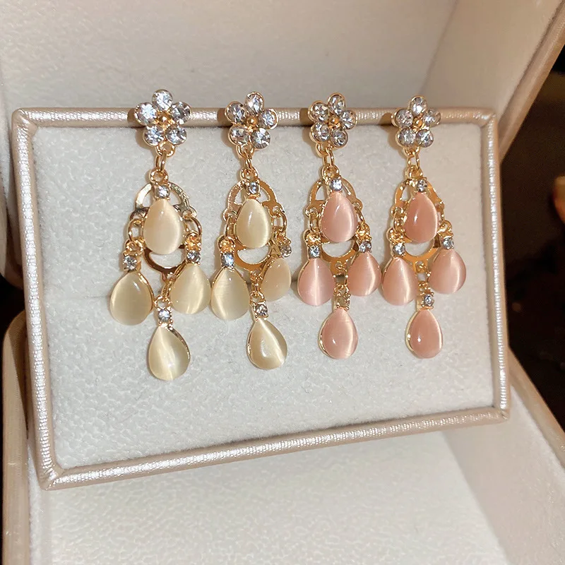 

Clear Crystal Waterdrop Opal Stone Tassel Earrings For Women Fashion Temperament Oorbellen Brincos