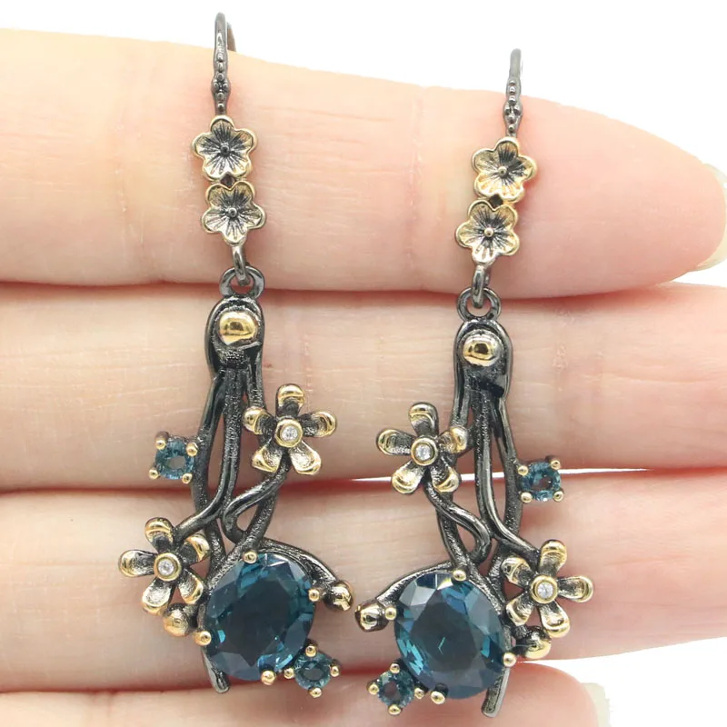 Неоготические серьги из розового морганита родолита, граната, лондонского голубого топаза для женщин, 48x18 мм, 7,7 г, черные, золотые, серебряные