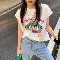 kchy summer sleeveless t shirt women american retro print loose casual short sleeve top young teens y2k clothes