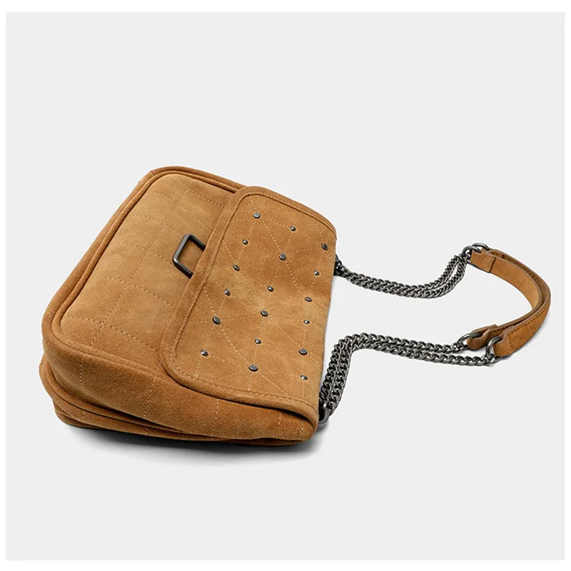 Women's bag 2022 new wandering rivet small square brown suede leather single shoulder messenger |