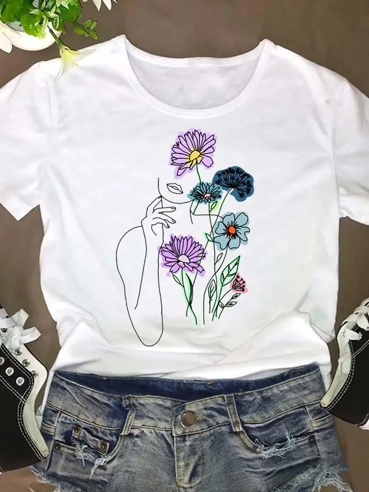 

Graphic T Shirt Women Short Sleeve Summer Tee Fashion Flower Elegant Sweet 90s Clothing Clothes Cartoon T-shirt Female Top