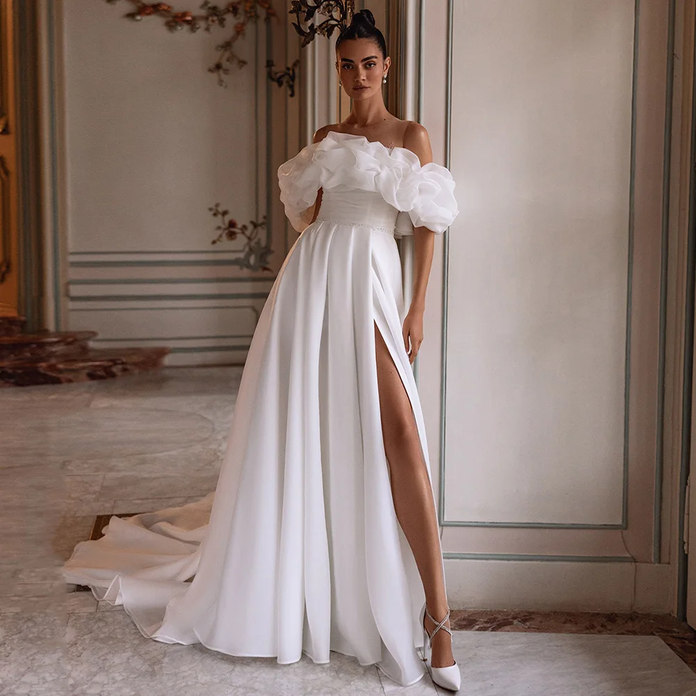Фото Свадебное платье из органзы Vestidos De Novia по индивидуальному заказу, съемное свадебное платье без рукавов со складками и бисером, трапециевидное свадебное платье с разрезом №5