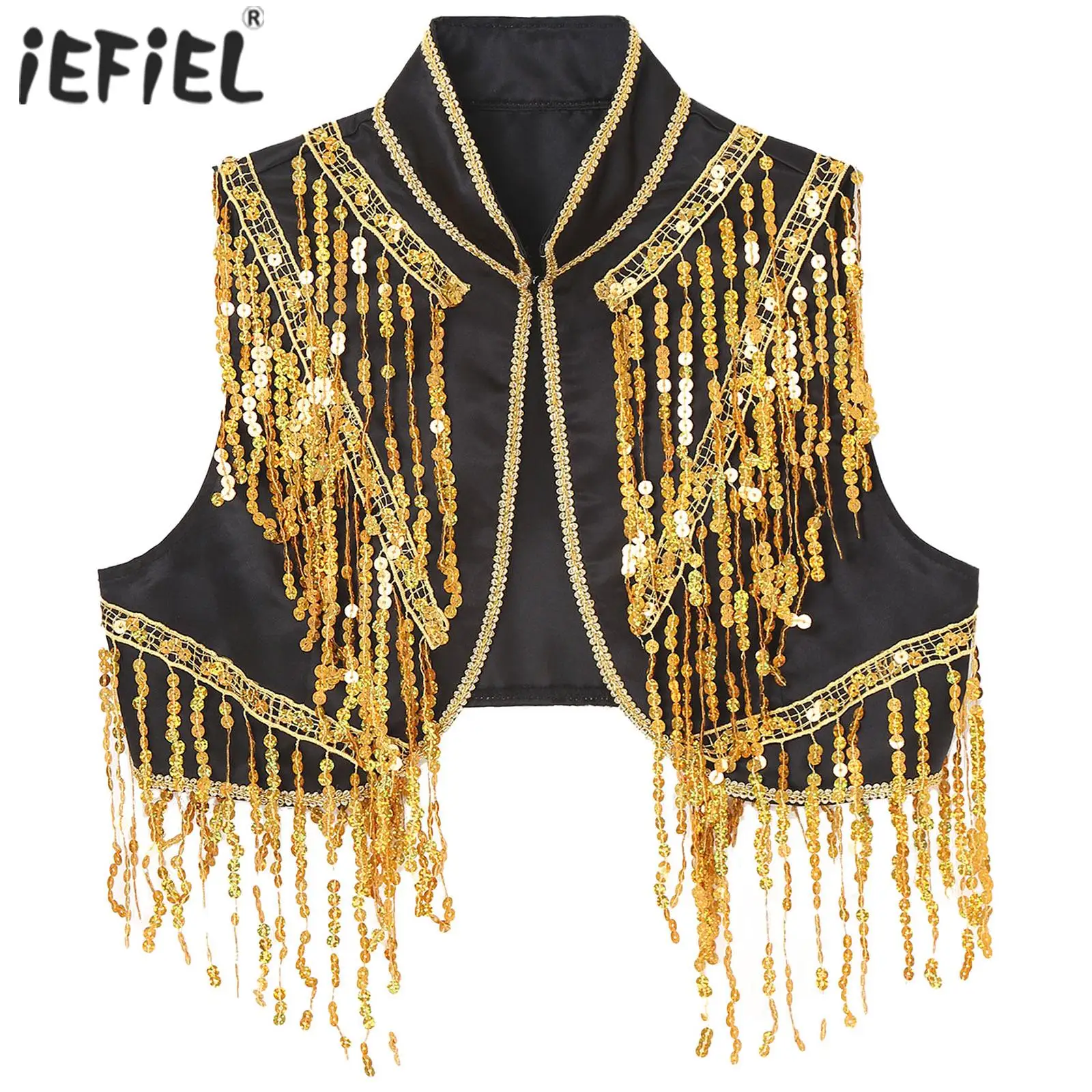 

Womens Sparkly Tassel Open Front Gold Trims Short Shrug Outerwear Circus Ringmaster Costumes Sparkly Sequin Fringes Satin Jacket