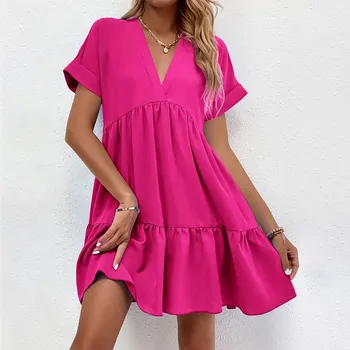 Casual Women Short Sleeve Mini Dress 2023 Spring Summer V-neck Loose Dresses Cute Solid Big Hem Beach Dress Robe De Plage 1