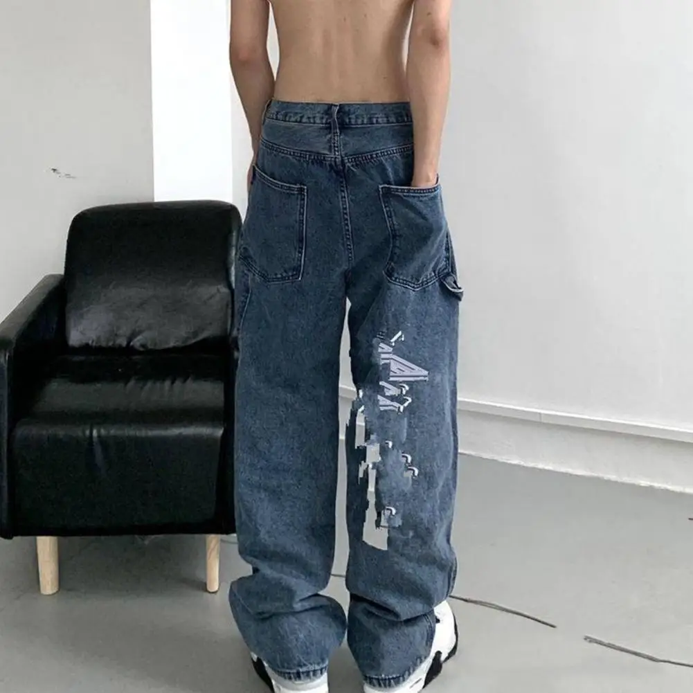 

Men Jeans Letter Embroidery Denim Trousers Loose Wide Leg Straight Baggy Jeans Hip Hop Solid Color Jeans Denim Pants For Travel