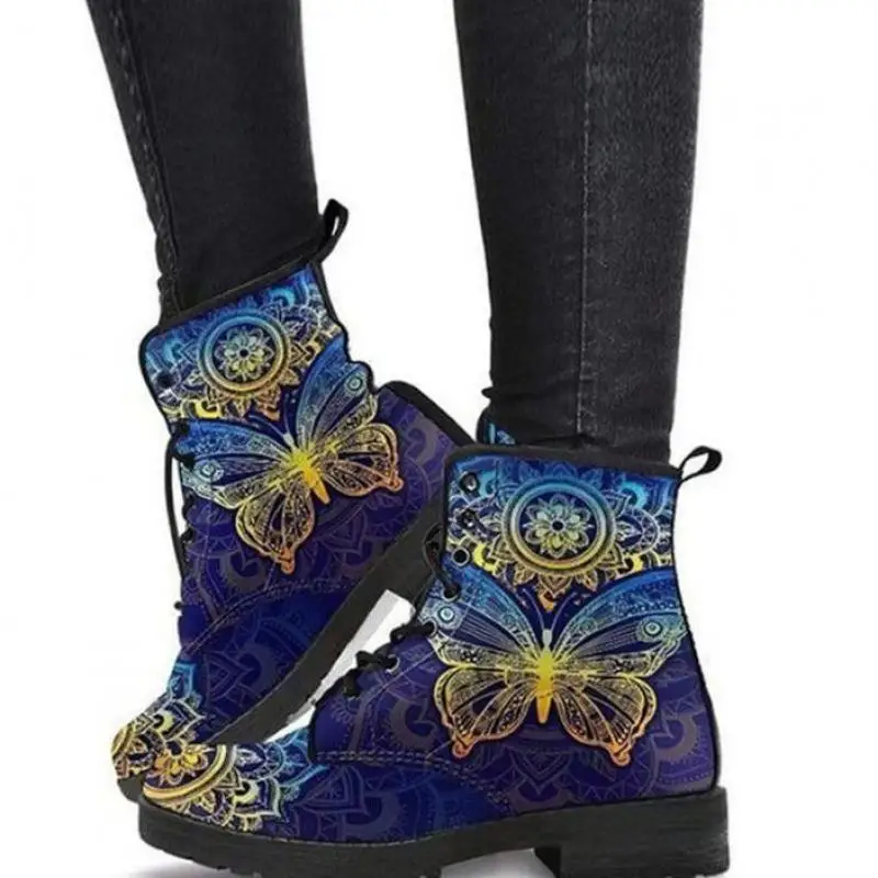 

New 2021 British Fashion Women's Tooling Boots Color Matching Floral Print Butterfly High-top Boots For Women Women Ankle Boots