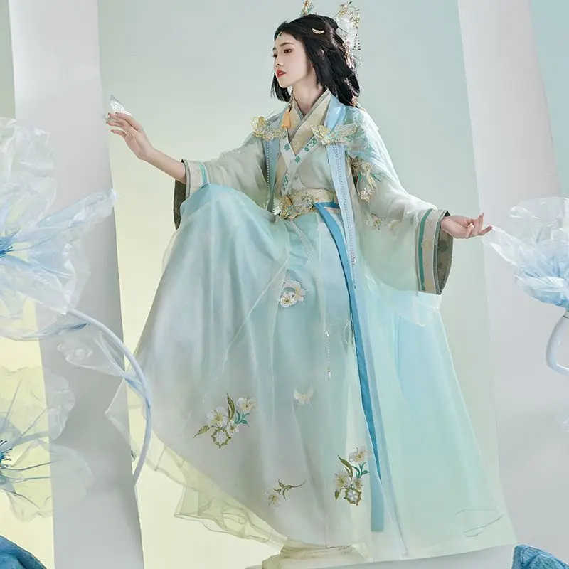 Женское платье в китайском стиле белый голубой топ из двух предметов синяя юбка с