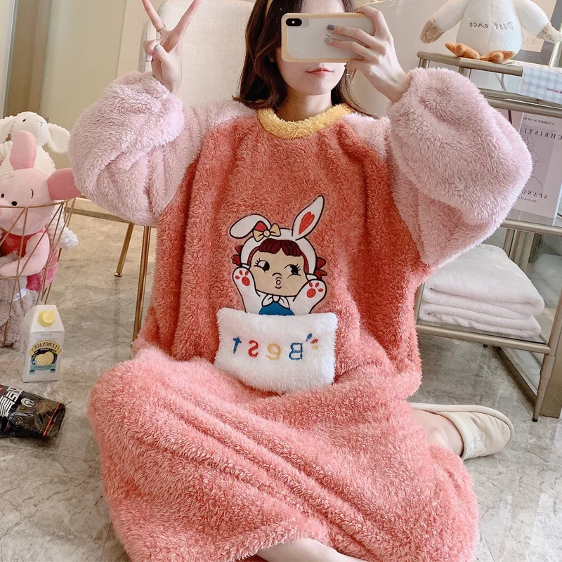 Women Winter Warm Fleece Nightgown Sleepwear Cute Kawaii Cartoon Pajama Homewear Nightdress Sweet Loose Flannel Girls Nightdress