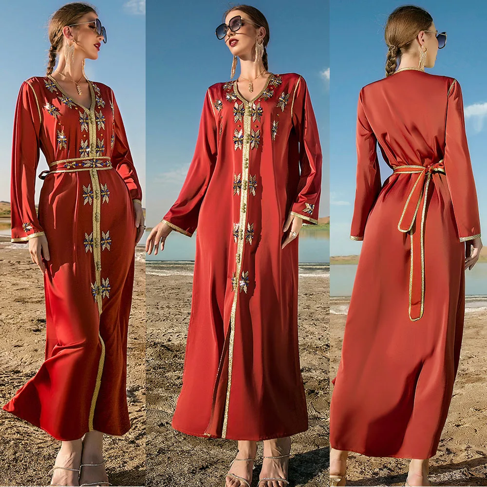 Мусульманское женское длинное платье, Кафтан, Абая, вечерние ская стразы, платье для вечеринки, свадьбы, Исламская джалабия, марокканская Ра...