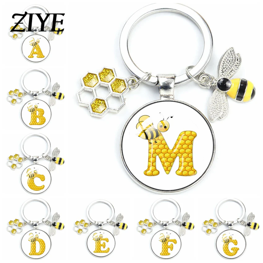 

Cute Honeybee Honeycomb Enamel Keychain A-Z Initial Letter Glass Cabochon Pendant Key Rings of Trendy Women Man Accessories Gift