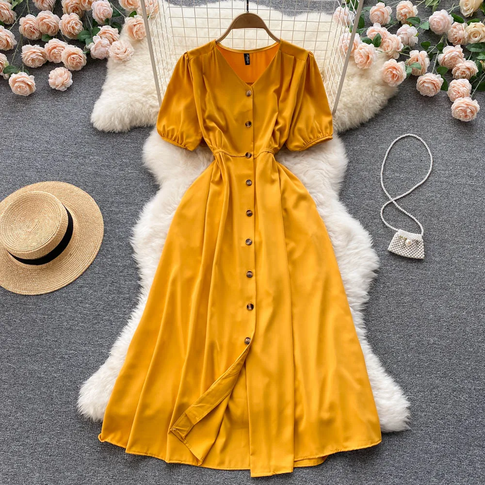 

D458 Women New Fashion 2022 Summer Korean V Neck Short Sleeve Loose High Waist A-line Dress Single Breasted Casual Vestidos