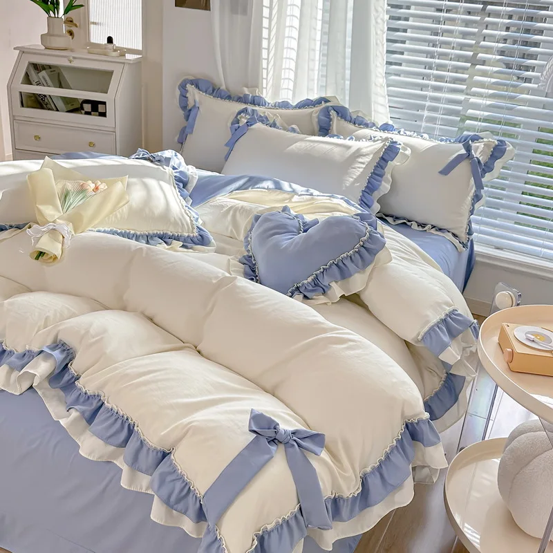 

Romantic Lace Bedding Set Girls Washed Cotton Ruffle Duvet Cover Set Bed Sheets and Pillowcases Comforter Bedding Sets Luxury