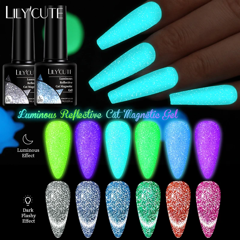 LILYCUTE Luminous Reflective Cat Magnetic Gel Nail Polish LED UV Gel Polish Glow In Dark Semi Permanent Soak Off Nail Art Polish