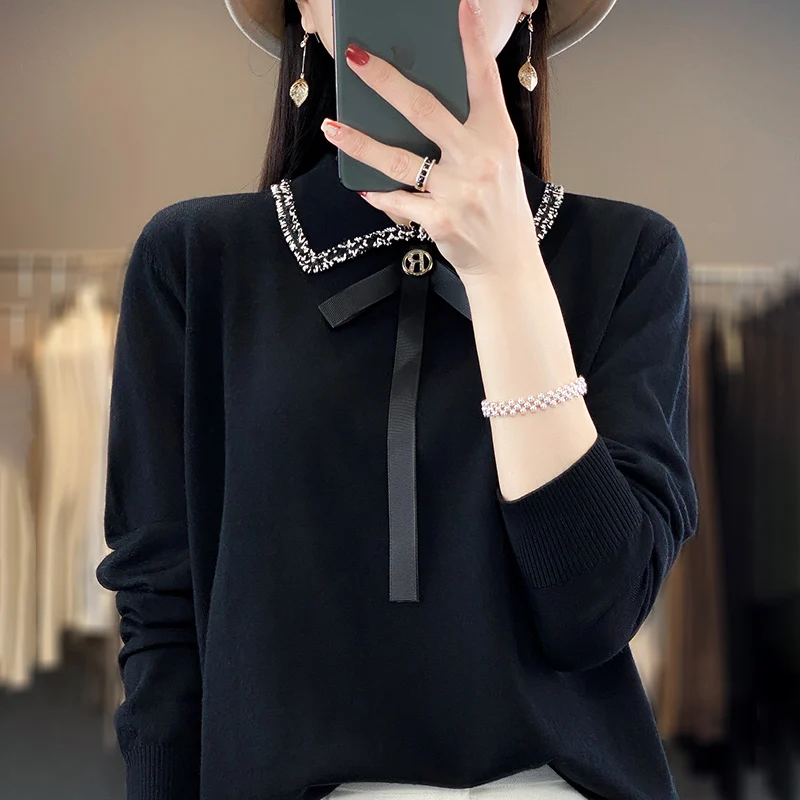 Новинка Осень-зима кашемировый свитер женский пуловер с воротником-поло длинным