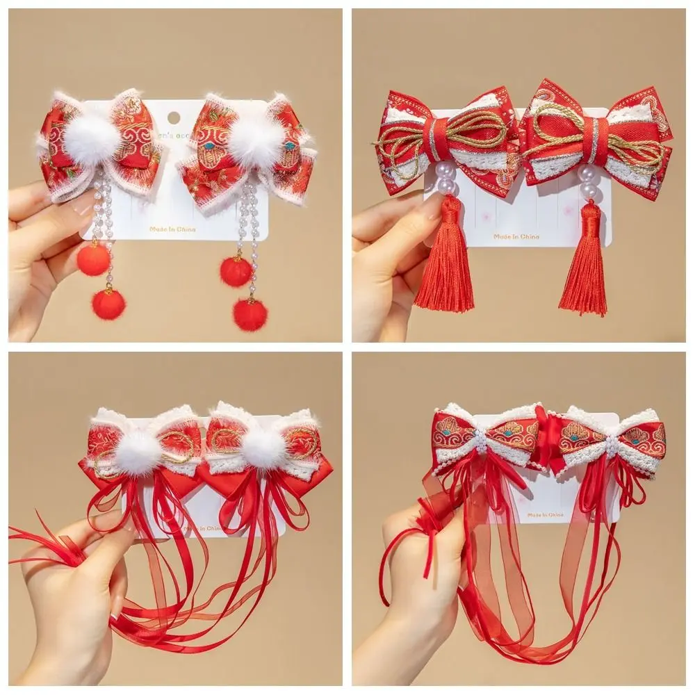 Универсальная детская заколка с кисточками и красным бантом плюшевая веерная