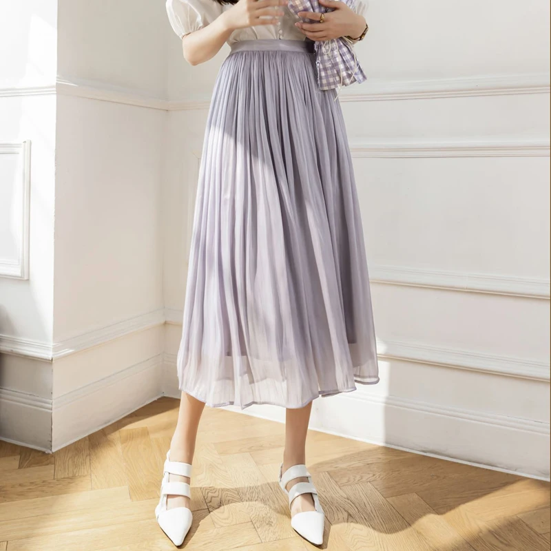 

Summer pleated midi long skirt female a line gauze skirts 2022 women aline elastic high waist korean elegant purple green faldas
