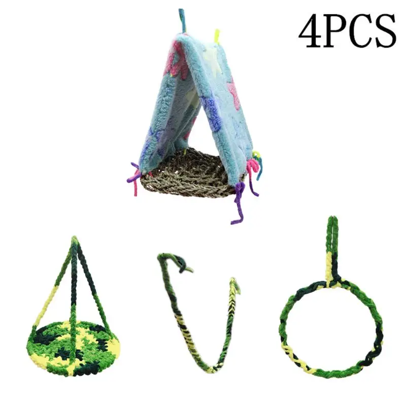 

4Pcs Bird Swing Cage Chewing Toys Parrot Hammock Sugar Glider Hamster Squirrel Rope Swing Bed Plush Nest Exercise Play Toy for