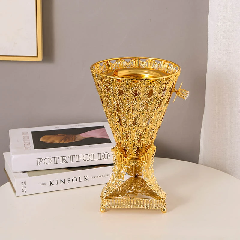 

Large Size Golden Metal Incense Burner Arabic Elegant Metal Electroplate Gold Incense Oil Burner Holder for Ramadan muslim Home