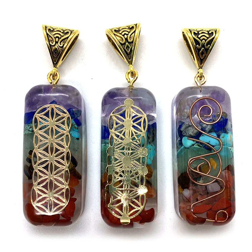 

Vintage Natural Stone Seven Chakras Necklace Pendants Rectangle Female Energy Stone 7 Chakra Pendant Amulet Necklace Accessories