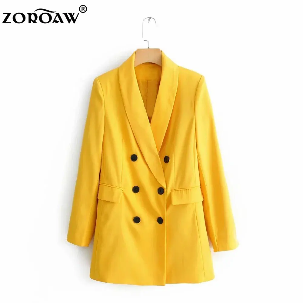 

Women Double Breasted Blazers Office Lady Small Suit Jacket Spring Autumn Ladies Casual Yellow And Green Blazer Slim Long Coat
