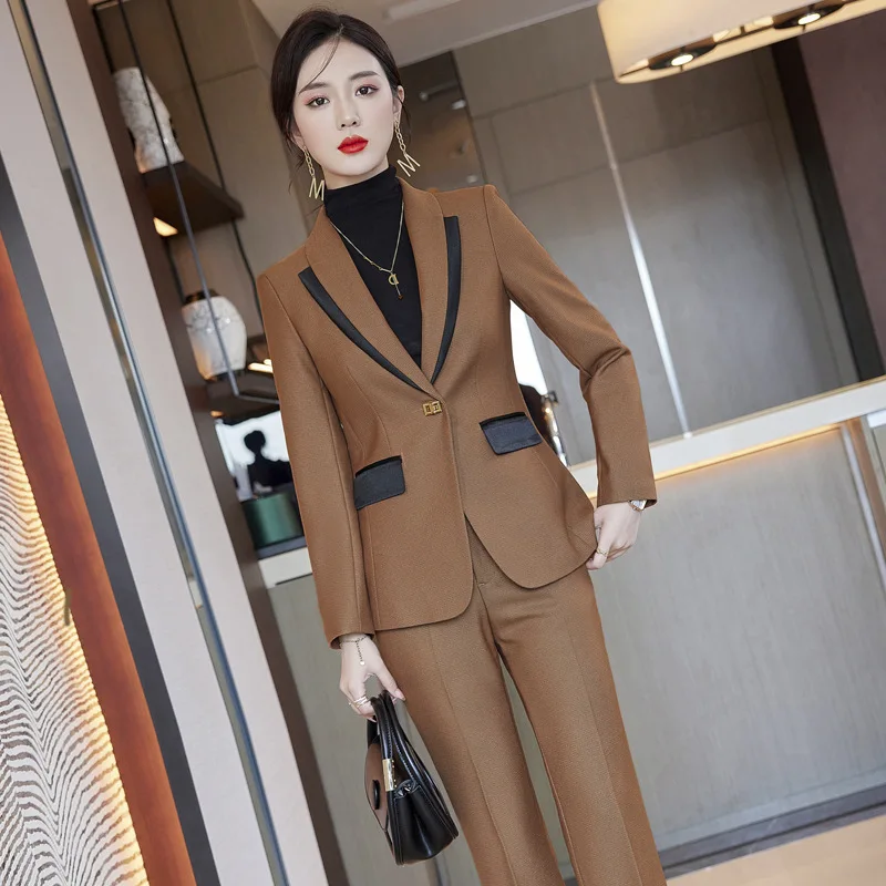 IZICFLY New Autumn Winter Slim Patchwork Office Blazer And Pant Sets Business Work Suits For Women Two Piece Outfits Green