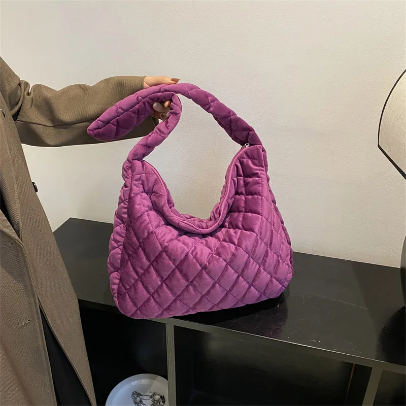 

2023 Lattice Pattern Shoulder Bag Space Cotton Handbags Women Large Capacity Tote Bags Feather Padded Ladies Quilted Shopper Bag