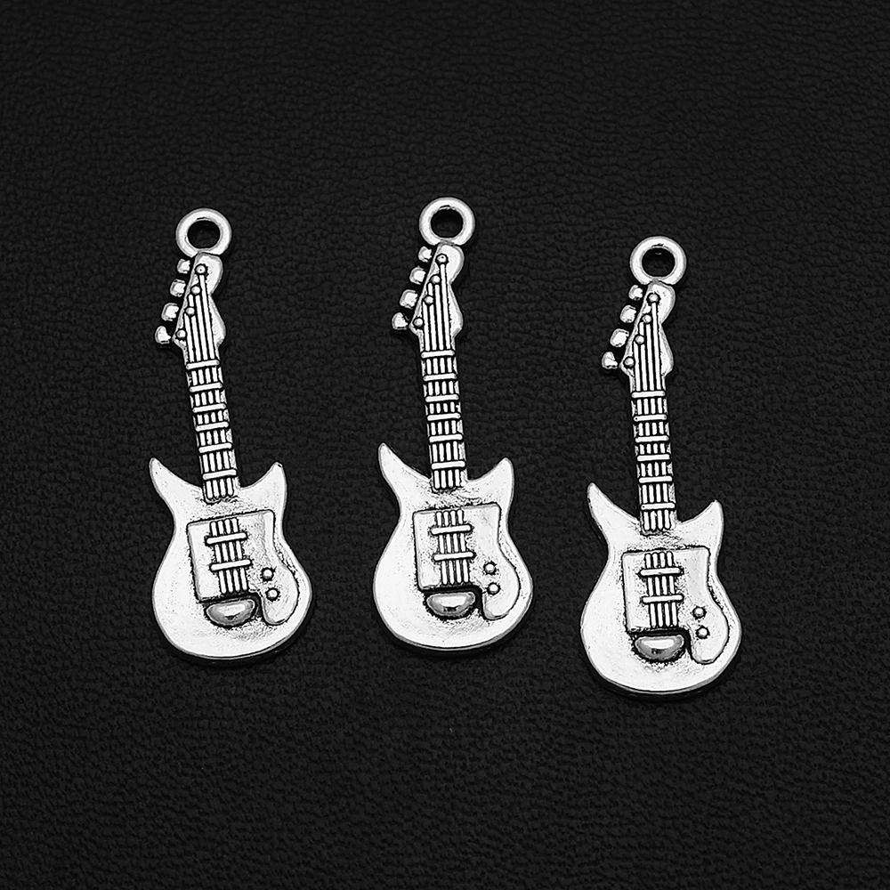 

10pcs/Lots 10x30mm Antique Silver Plated Guitar Rock Charms Bass Musical Instrument Pendants For Diy Jewelery Accessories Crafts