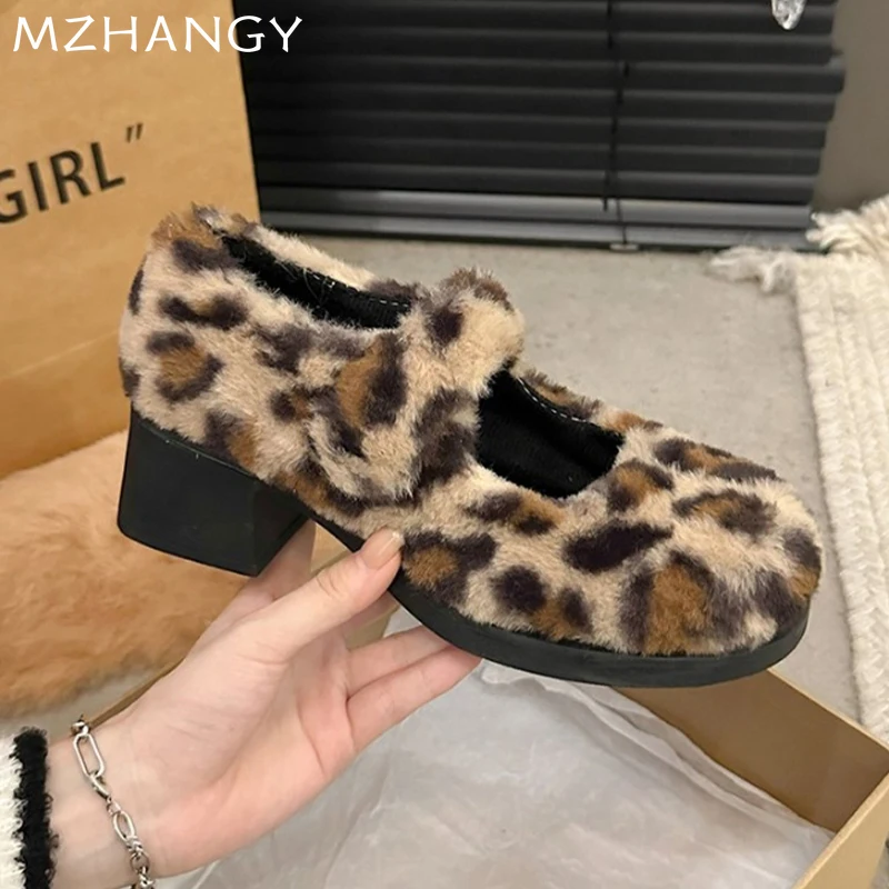 Туфли Мэри Джейн с леопардовым мехом женские модные теплые хлопковые туфли на