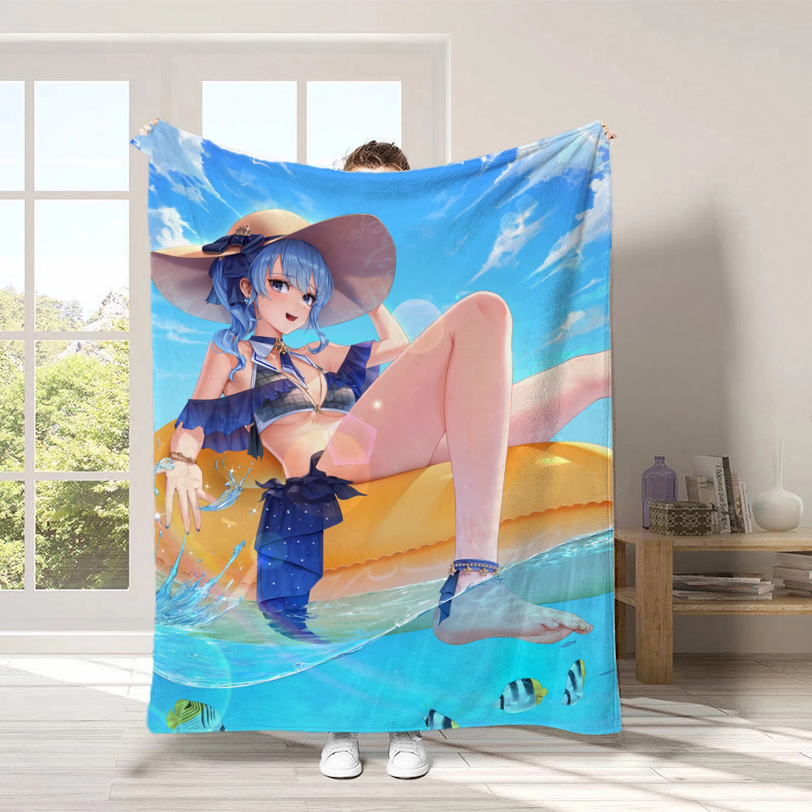 Фото Плед Hololive Hoshimachi Suisei 150x200 см, фланелевый плед с аниме-принтом, цифровая печать, покрывало на диван, теплый подарок для фанатов №3
