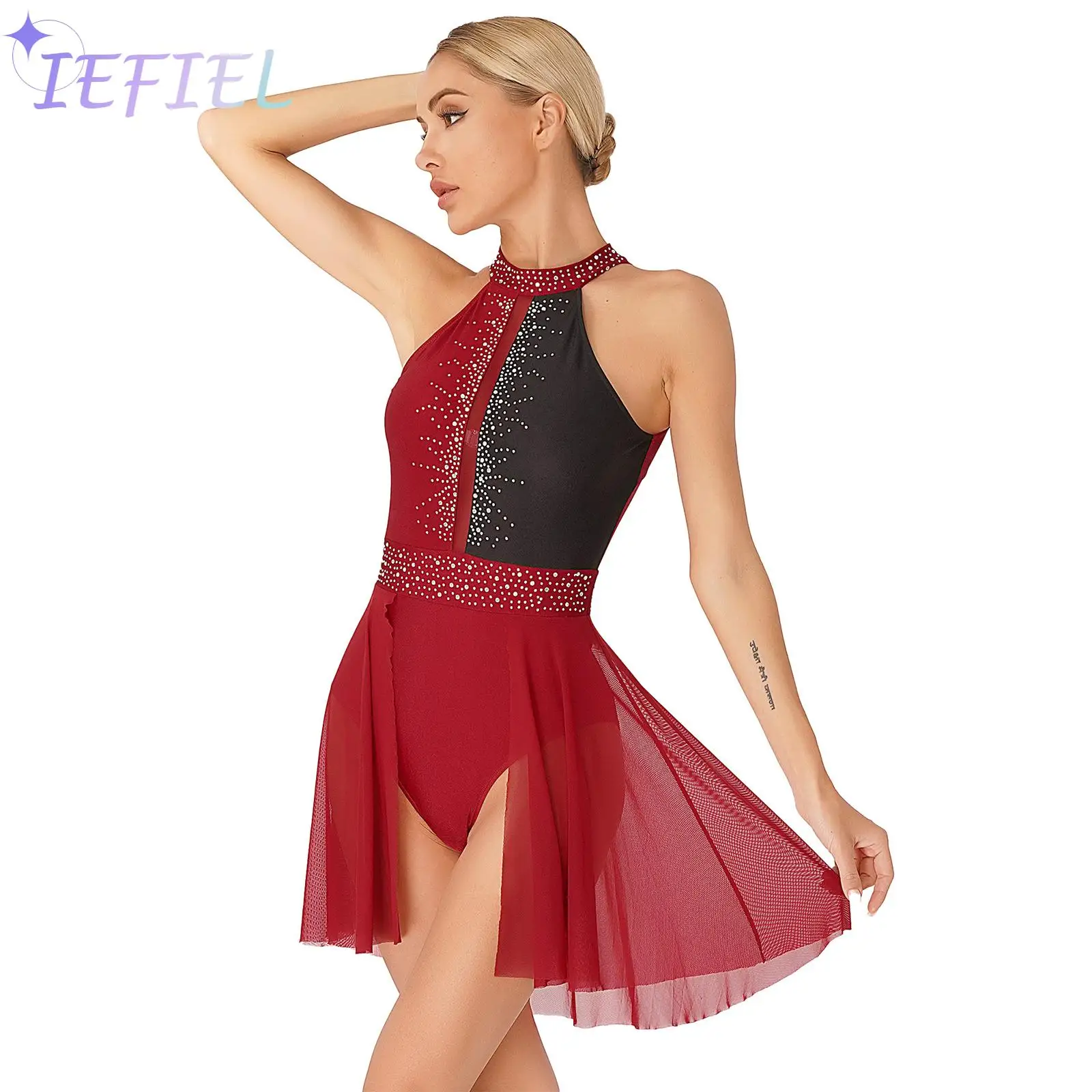 

Women Shiny Rhinestone Ballet Performance Figure Ice Skating Leotard Tutu Dress Lyrical Modern Gymnastics Costume