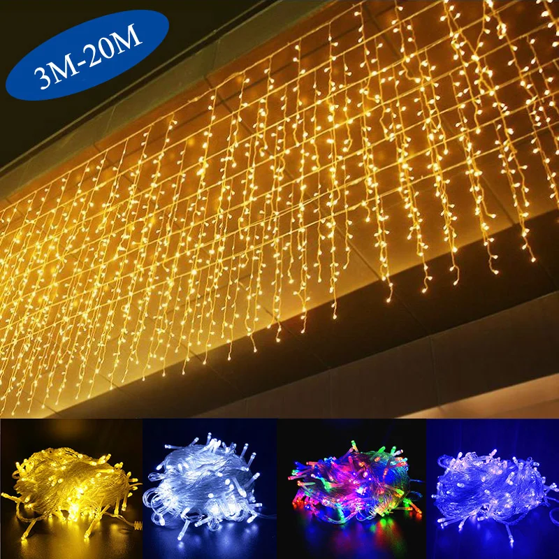 

220V EU LED Icicle Curtain String Light Droop 0.6-0.8m Decorations for Home Eave Winter Street Decor Christmas Garland Outdoor