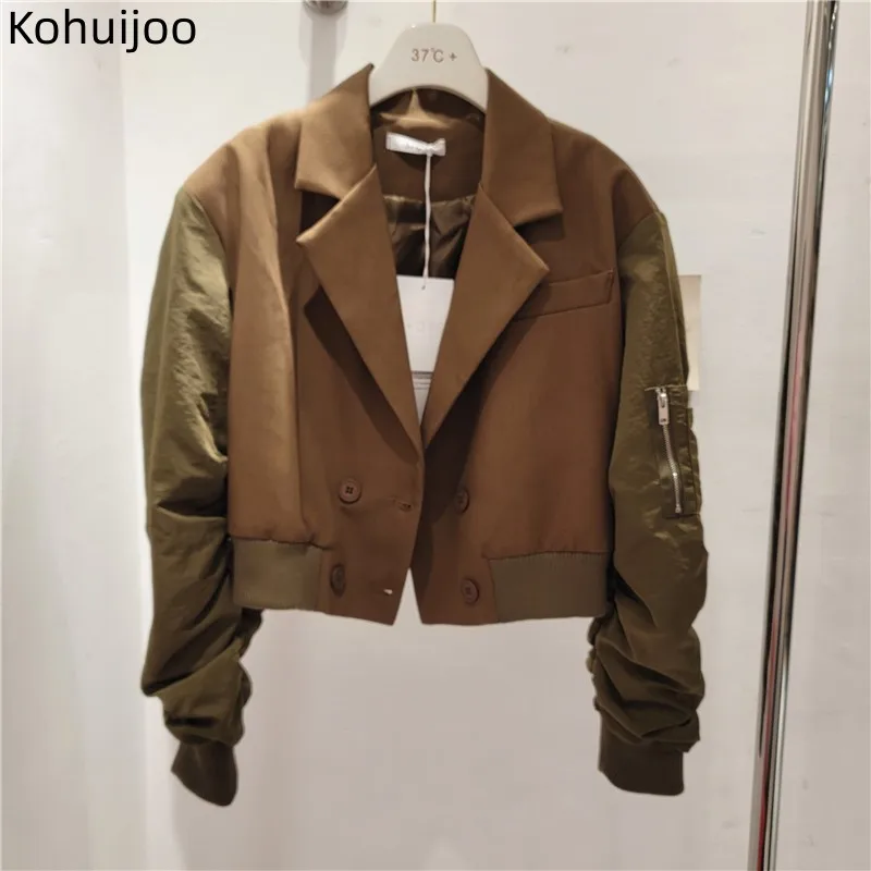 Kohuijoo Bomber Jackets for Women Fashion 2023 Long Sleeve Patchwork Contrast Color Varsity Jacket Short Suit Coat Formal Top