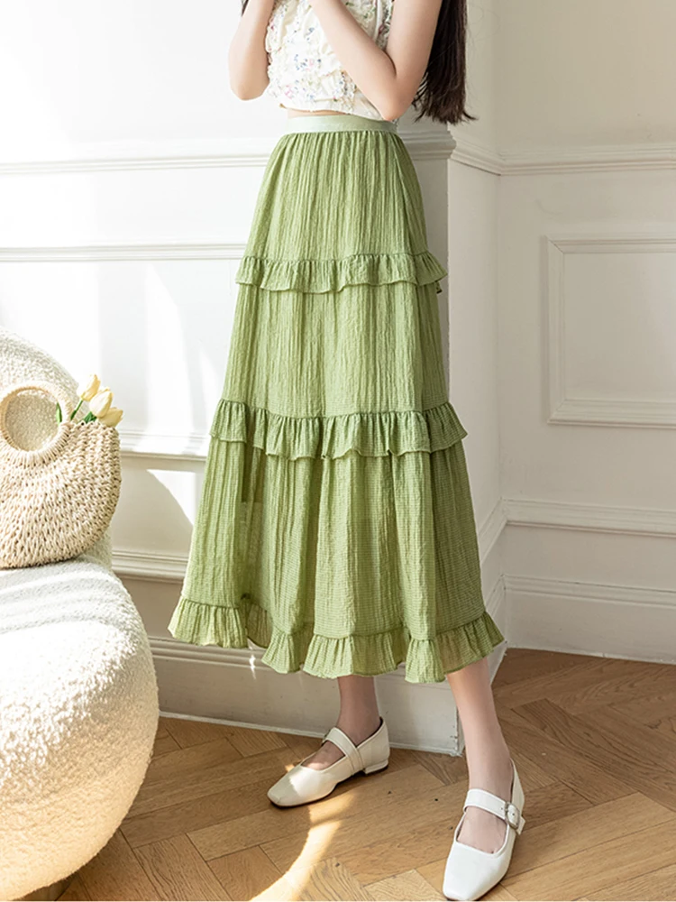 

Fitaylor New Spring Summer Women Elegant Ruffles A-line Long Cake Skirts Lady Fashion Elastic High Waist Solid Color Skirts